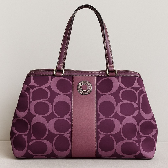 Coach Handbags - Coach Signature Purple Jacquard Shoulder Bag Tote – Leather Trim, Size: Large